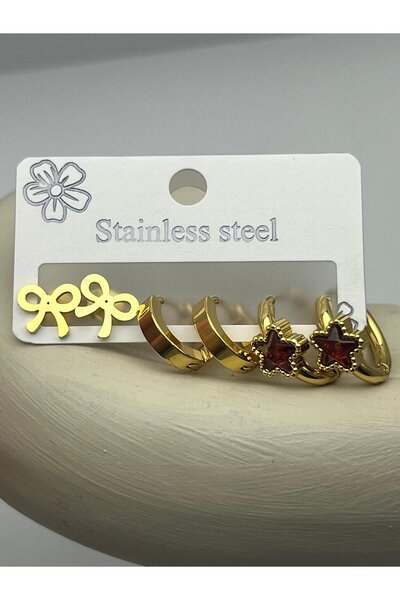 BİJU YILMAZ 26Clk51 Burgundy Star Detailed Gold Steel Earring Set