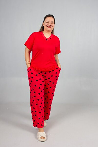 Truva XXL Plus Size Heart Patterned Viscose Pajama Set