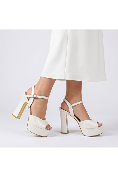 favorimo Women's White Pearlescent Platform Thick Block Heeled Sandals Evenin...