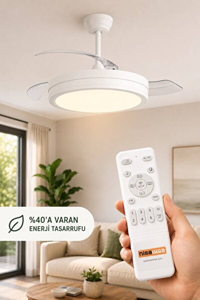 NisaLuce SUNNY BEYAZ Kumandalı GİZLİ KANATLI Tavan Vantilatör || 3 Renk Işık ...