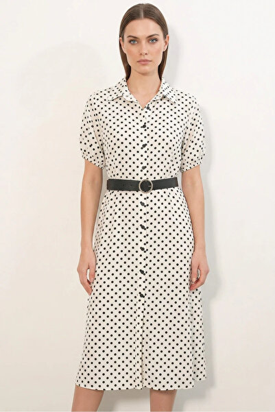 Efnaz style Women's Shirt Collar Belted Short Sleeve Polka Dot White Dress