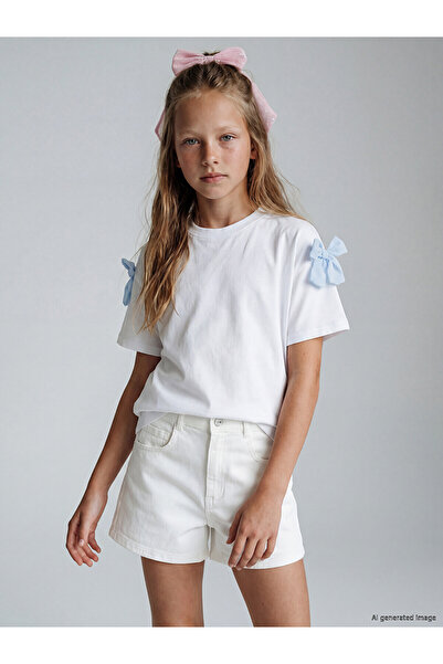 LC Waikiki Vizyon New Season Crew Neck Bow Detail Girls' T-Shirt