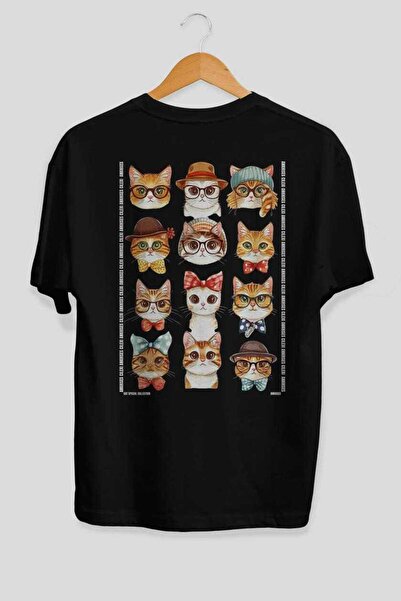 Ankhises 30 Cats for the Sake of Cat Love Printed Black Oversize T-Shirt 100%...