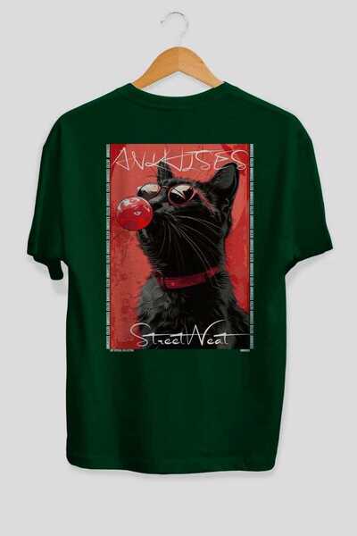 Ankhises For the Love of Cats 59 Cats Printed Green Oversize T-Shirt 100% Cot...