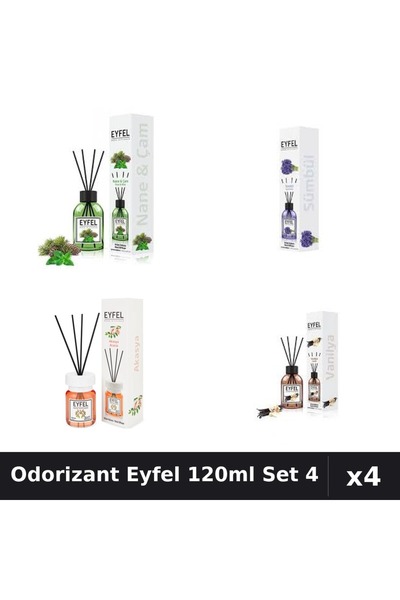 Eyfel Set 4 Odorizant Cameră Betișoare 120ml - Pin Mentă, Zambile, Acacia, Va...