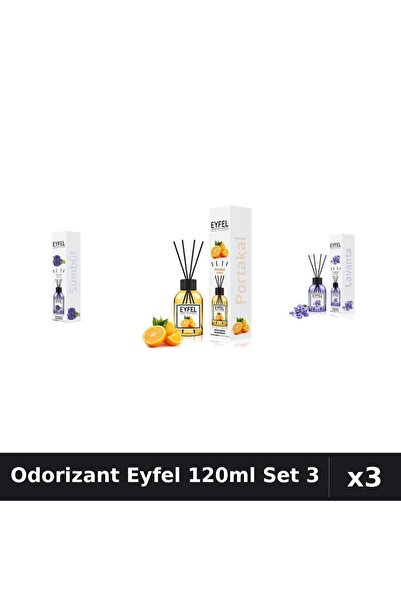 Eyfel Set 3 Odorizant Cameră Betișoare 120ml - Lavandă, Portocală, Zambile