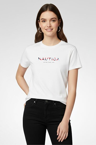 Nautica Women Crew Neck Short Sleeve Brand Logo T-Shirt, White