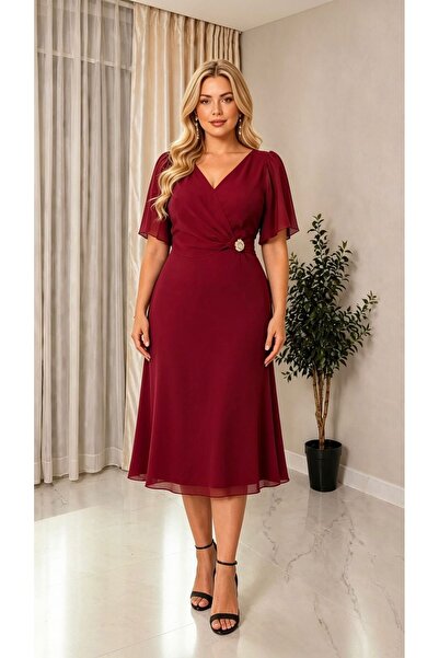 Şirin Butik Kadın Bordo Büyük Beden Kısa Kol Kruvaze Yaka Şifon Abiye Elbise