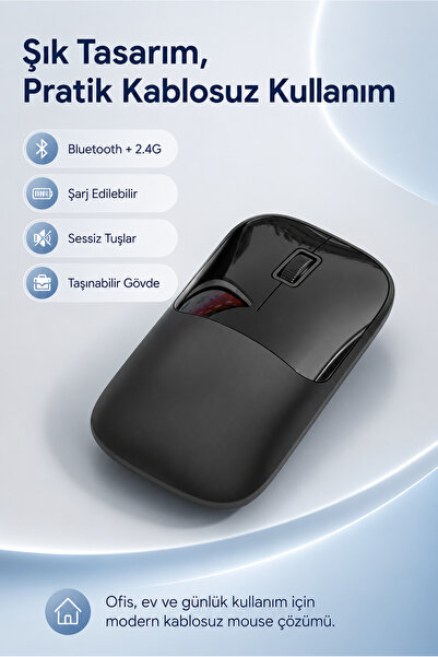 Zilvana Şarjlı Kablosuz Siyah Mouse Bluetooth + 2.4G Çift Modlu Type-C Şarjlı...