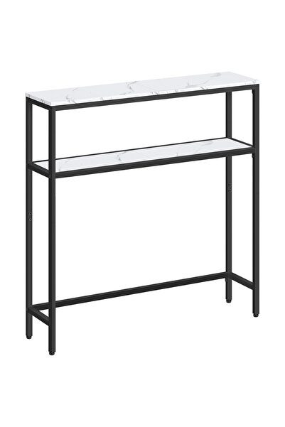 VASAGLE Consolă cu 2 rafturi, cadru metalic, 80x20x80 cm, alb marmură/negru