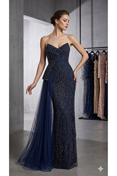 Hot Contact Navy Blue Sweetheart Neckline Beaded Tulle Detailed Mermaid Eveni...