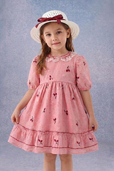 Perendi Girl's Cherry Embroidered Lace Collar Brode Dress with Hat - 100% Cot...