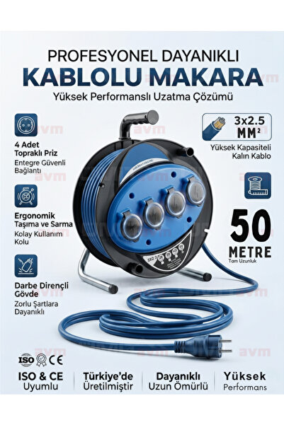 ÜMİTAVM Seyyar Kablo Makarası 3x2.5 mm 50 Metre 4'lü Topraklı Priz Uzatma Kab...