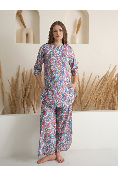 Sanskrutihomes By Styli Blue Printed Round Neck Cotton Top and Pyjama Set