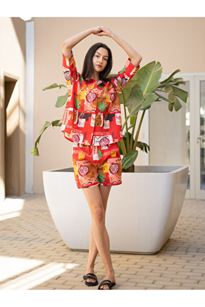 Sanskrutihomes By Styli Red Graphic Print Cotton Shirt and Shorts Set