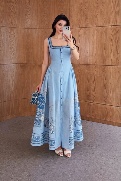 BRTC design Women's Blue Patterned Corseted Square Neck Dress