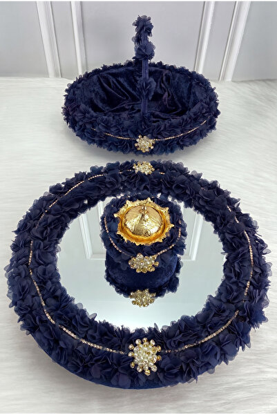 ZEYMERADE Navy Blue Henna Night Tray Basket Bridal Set, Brooched Floral Mirro...