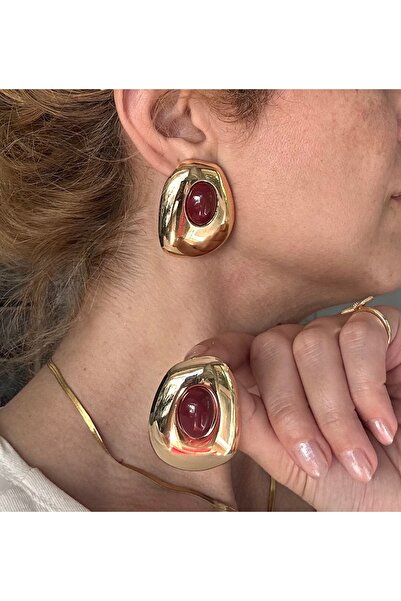 Niloshe&Sinoshe NS Accesories ❤️   Burgundy Stone Detailed Gold Earrings – Mo...