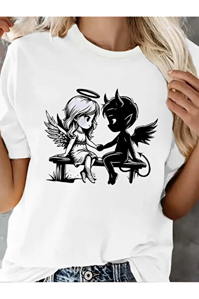 121 Women's Summer Chic Short Sleeve Y2K T-Shirt, Angel & Devil Print, Casual...