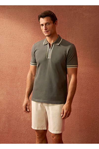 Beymen Collection Haki Polo Yaka Çizgi Detaylı T-shirt
