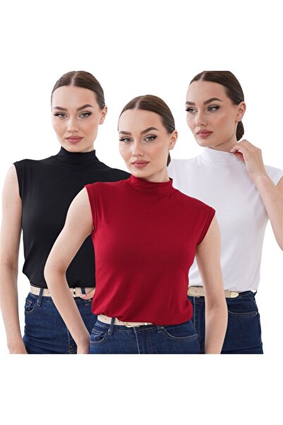 bykombincim Kadın 3'lü Sıfır Kol Kolsuz Body Yarım Balıkçı Viskon Body