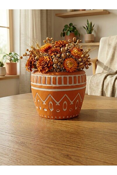 mora store Dekoratif Beton Saksı Turuncu Bohem İskandinav Desenli 14,5x12 cm ...