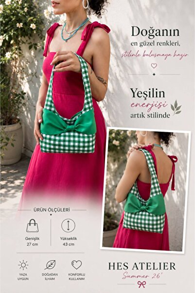 HES ATELIER Fiyonk Detaylı Yeşil Pötikare Omuz Çantası – Summer ’26 Koleksiyonu