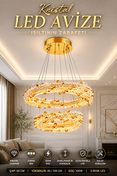 Elvora Home Modern (PREMIUM) Gold Kristal LED Avize 3 Renkli Lüks Sarkıt Salo...
