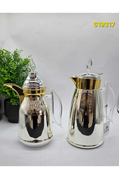 WAHJ ALMASAH ترامس الدمعة 1L+1L فضي لامع مع ذهبي وقبضات شفافة