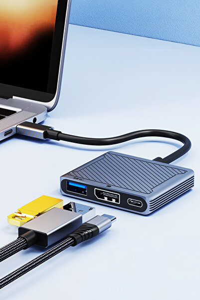 ThenTech Şarj Destekli 3 in 1 Type C DisplayPort Dönüştürücü Adaptör USB 3.0 Çoklu Çoğaltıcı Gümüş