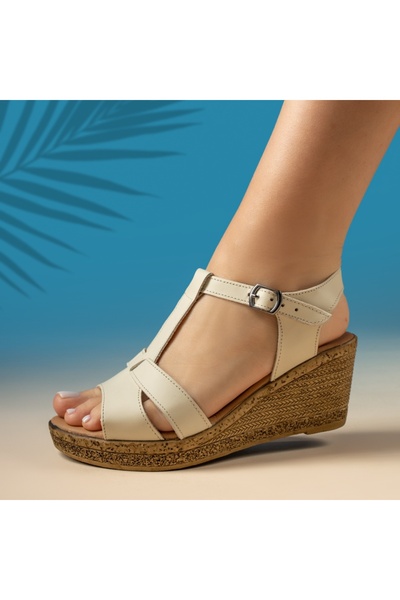 Modlet.ro Women's beige genuine leather platform sandals MOD14355