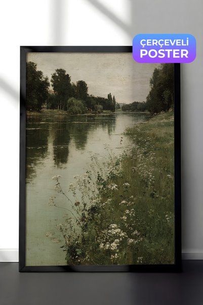 Zestia Vintage zidna slika, pejzaž prirode pored reke, crno uokvireno br: 20240