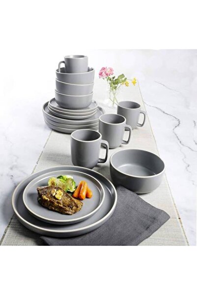 bity thok Porcelain 16 Piece Dining Set - Dark Grey with Light Rimmed Edge