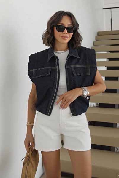 SHILSEE BEUTİQUE Women's Zero Sleeve Zippered Denim Vest Dark Navy Blue