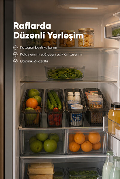 Vienev 4'lü Şeffaf Antrasit Buzdolabı Düzenleyici Dolap İçi Düzenleme Organizer Seti