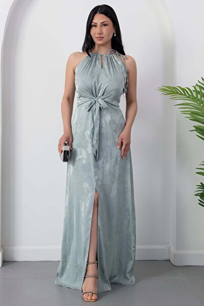 PULLIMM Halter Yaka Ön Bağlama Saten Elbise K-251656