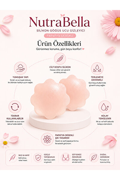 NutraBella Silikon Göğüs Ucu Gizleyici Papatya Desenli Kendinden Yapışkanlı Tekrar Kullanılabilir Meme Ucu Kapatıcı