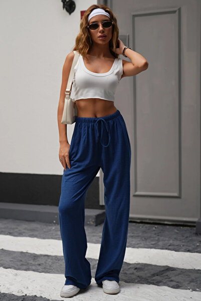 TRENDNATUREL Navy Blue Linen Look Lycra High Waist Wide Leg Palazzo Trousers