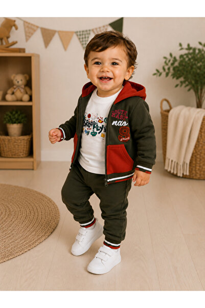 Chicsy Baby Baby Boy Khaki Hooded Cardigan 3-Piece Set Cotton Tracksuit Set