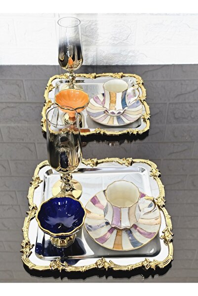 atabey home collection 2 ADET SUNUM TEPSİSİ LALEZAR GÜMÜŞ-GOLD TEPSİ 22 CM