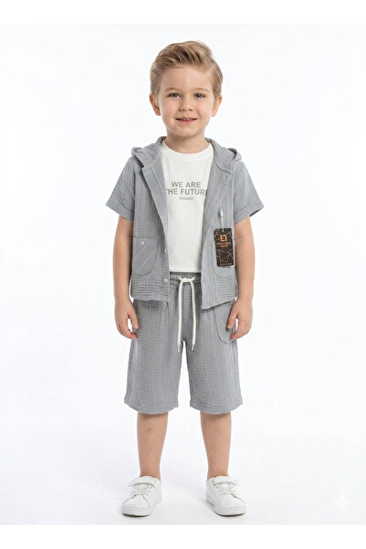 gülerçocuk Boy's Gray Hooded Shirt & Shorts Set