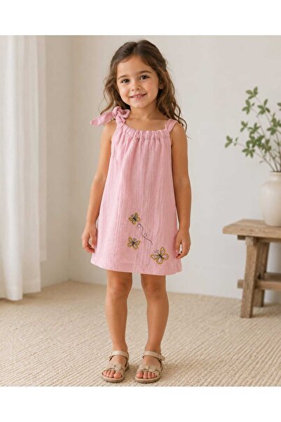 kidsense Girl's Butterfly Embroidered Summer Muslin Dress