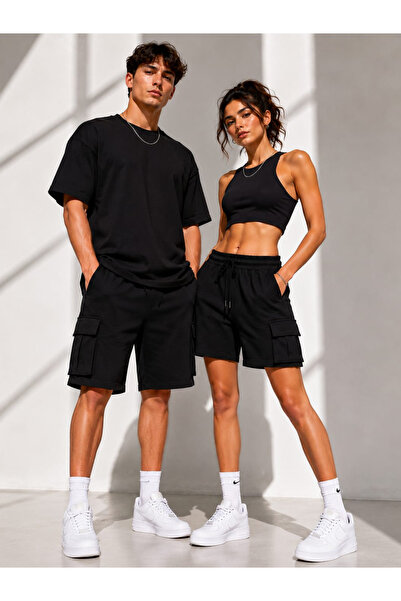 ciwi&life Men's & Women's Black Double Cargo Pocket Shorts Elastic Waist Casu...