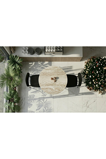 Marb & Home 50 cm Yuvarlak Porselen Carrara Kafe Masa