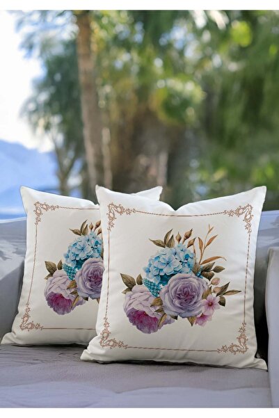 Sakallı White Background Blue Lilac Flower Patterned Digital Printed Decorati...