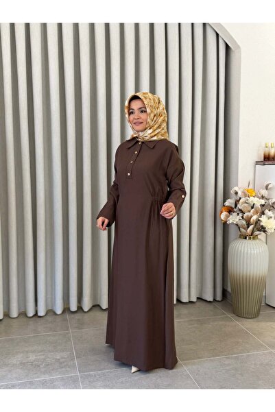 KADO BELİ LASTİK DETAYLI ELBİSE KAHVERENGİ