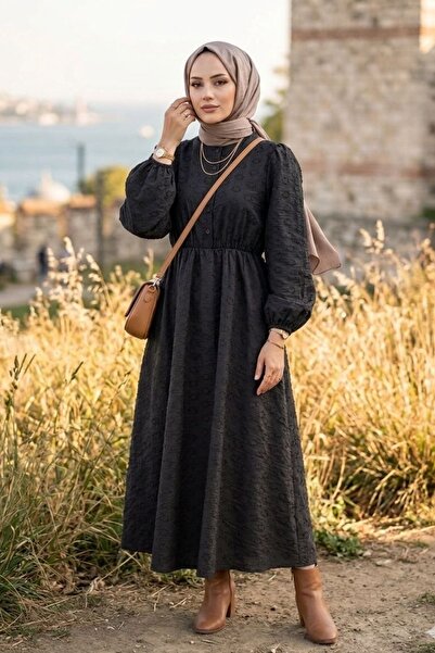 ZEROGAPRİSE Women's Waist Elastic Semi Button Detail Modal Hijab Dress