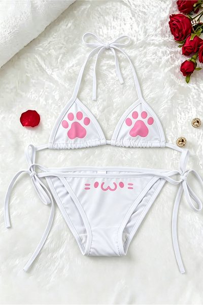 Generic 2-pieces Lace Up Oversize Adjustable Cute Cat Paw Printed Bikini Sets...
