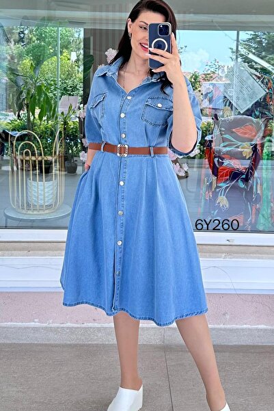 İnce Topuk Polo Collar Belted Denim Dress 6Y260