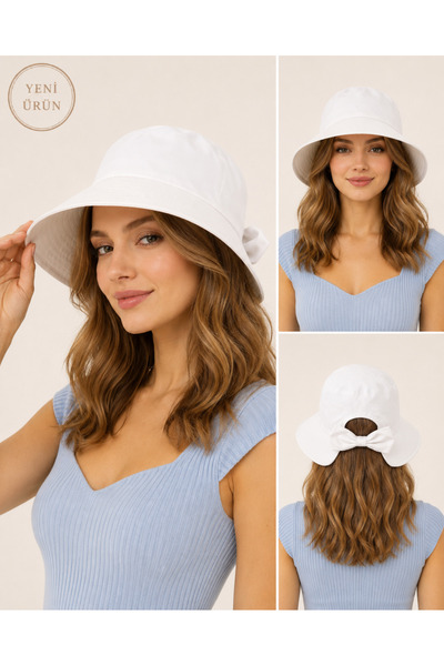 MYZİ STORE Women's Bowknot Wide Brim Summer Hat Open Back Beach and Daily Use
